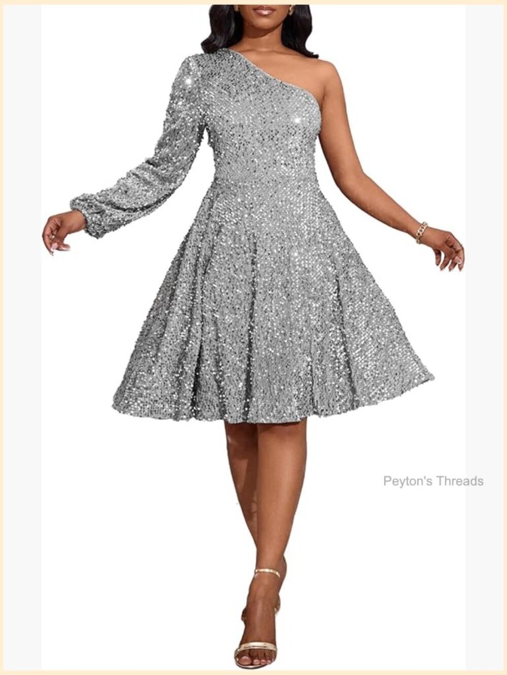 Sequins One Shoulder Long Sleeve Skater Dress Midi Sparkly Party Cocktail